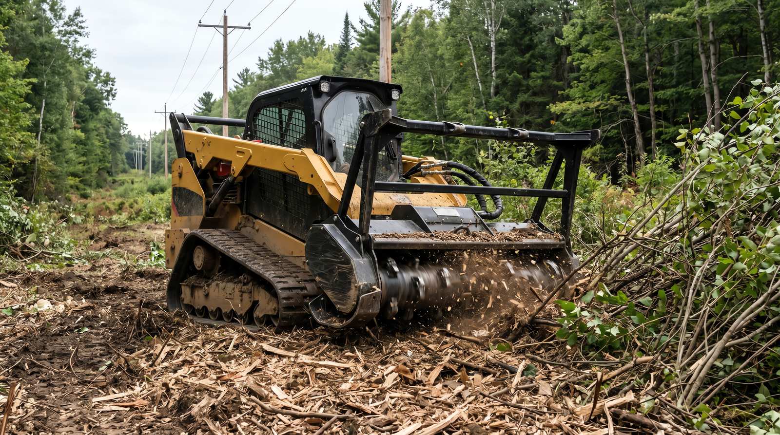 Forestry mulcher clearing brush and small trees from a wooded lot