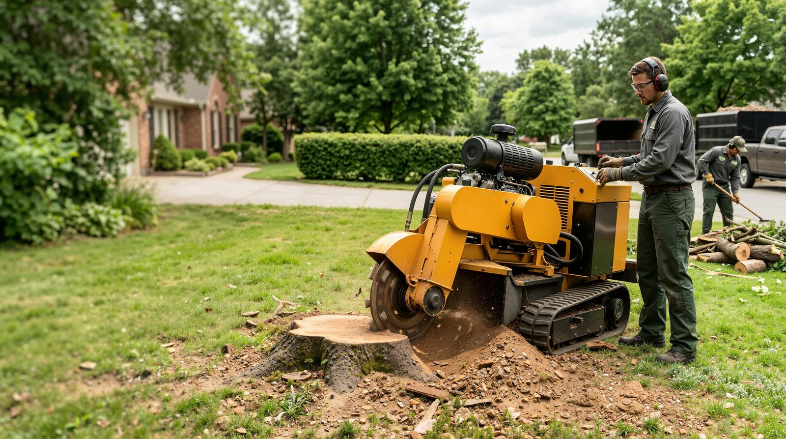 Worker using a stump grinder to grind a tree stump below the lawn in a residential yard